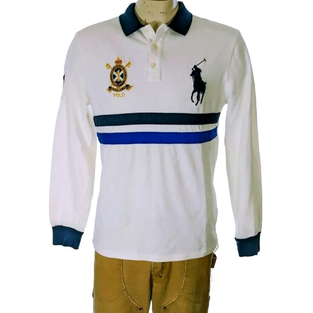 Polo Ralph Lauren Big Pony Crest Stripe Rugby Shirt Men Sz L Custom Slim Fit EUC
